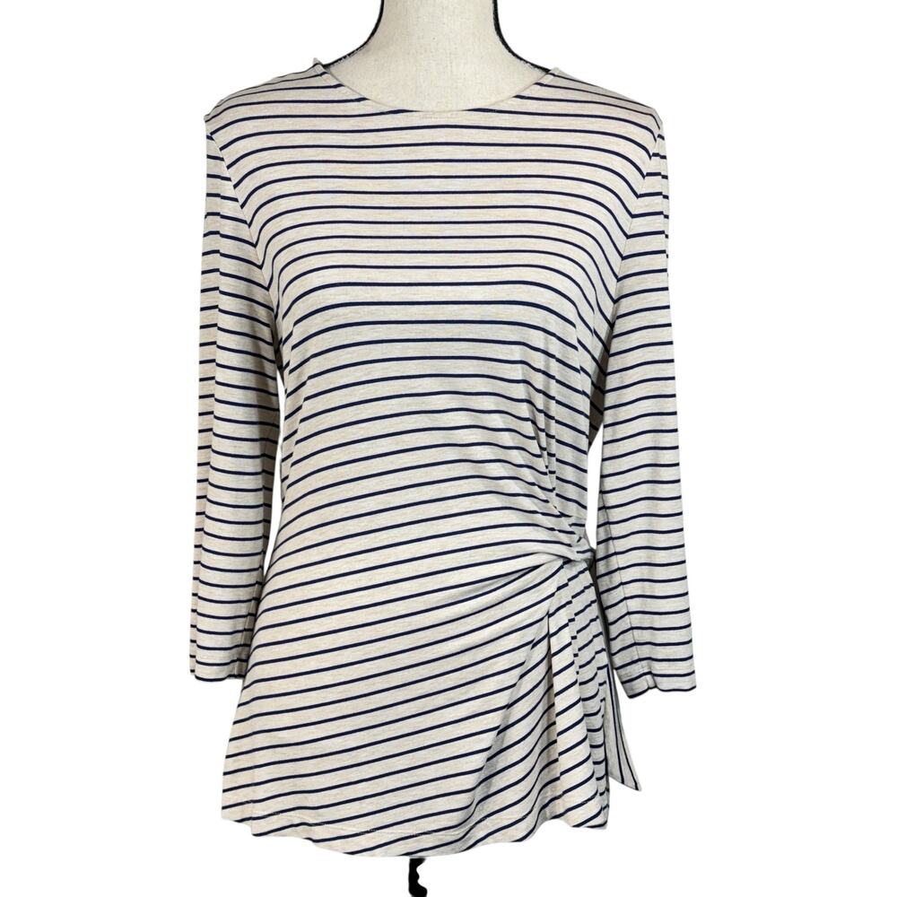 Chico’s SZ 1 (Medium) Top Striped Stretch Side Tie 3/4 Sleeve Round Neck Beige